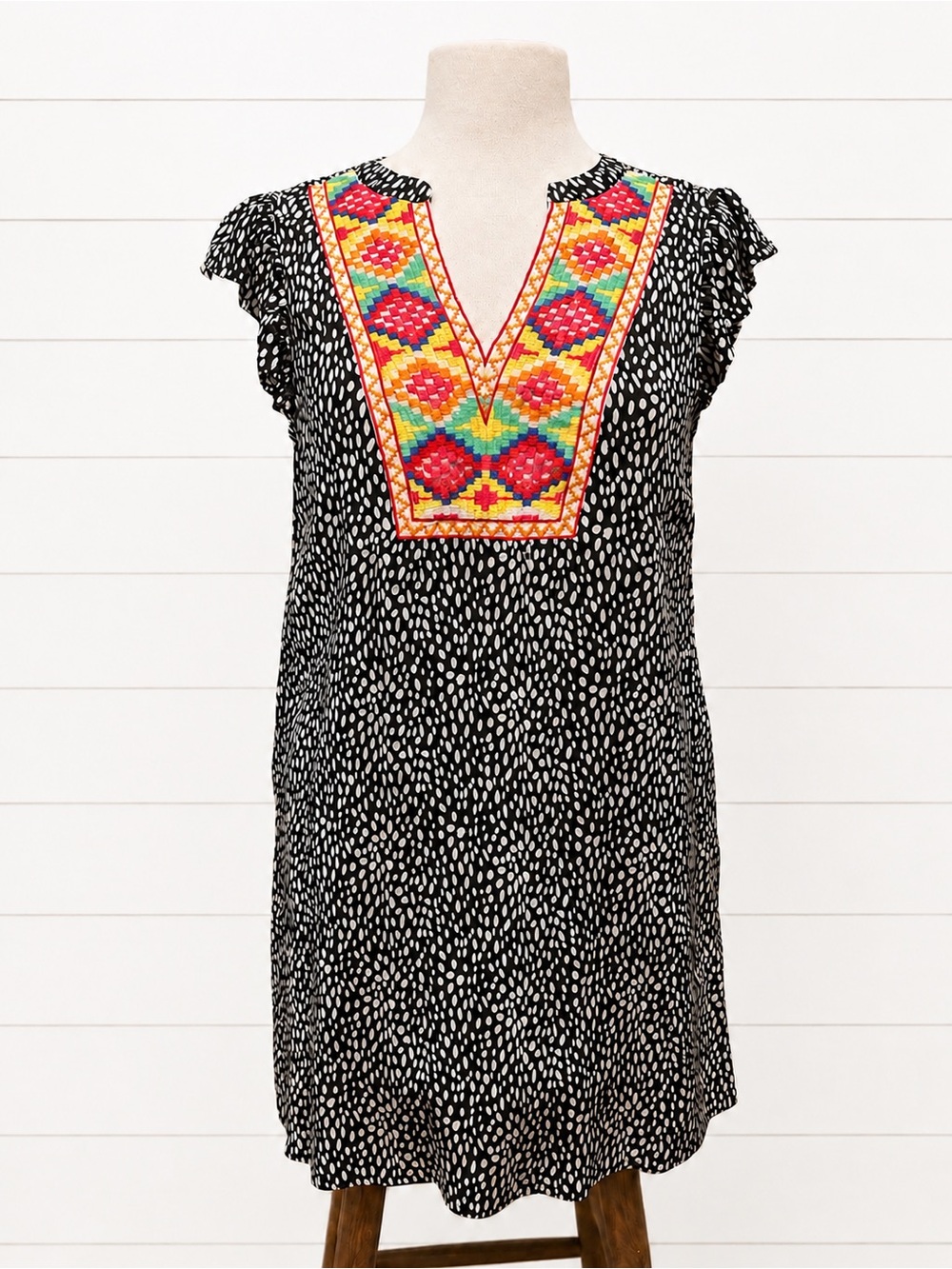 THML Black & White Printed Embroidered Flutter Sleeve Dress XS